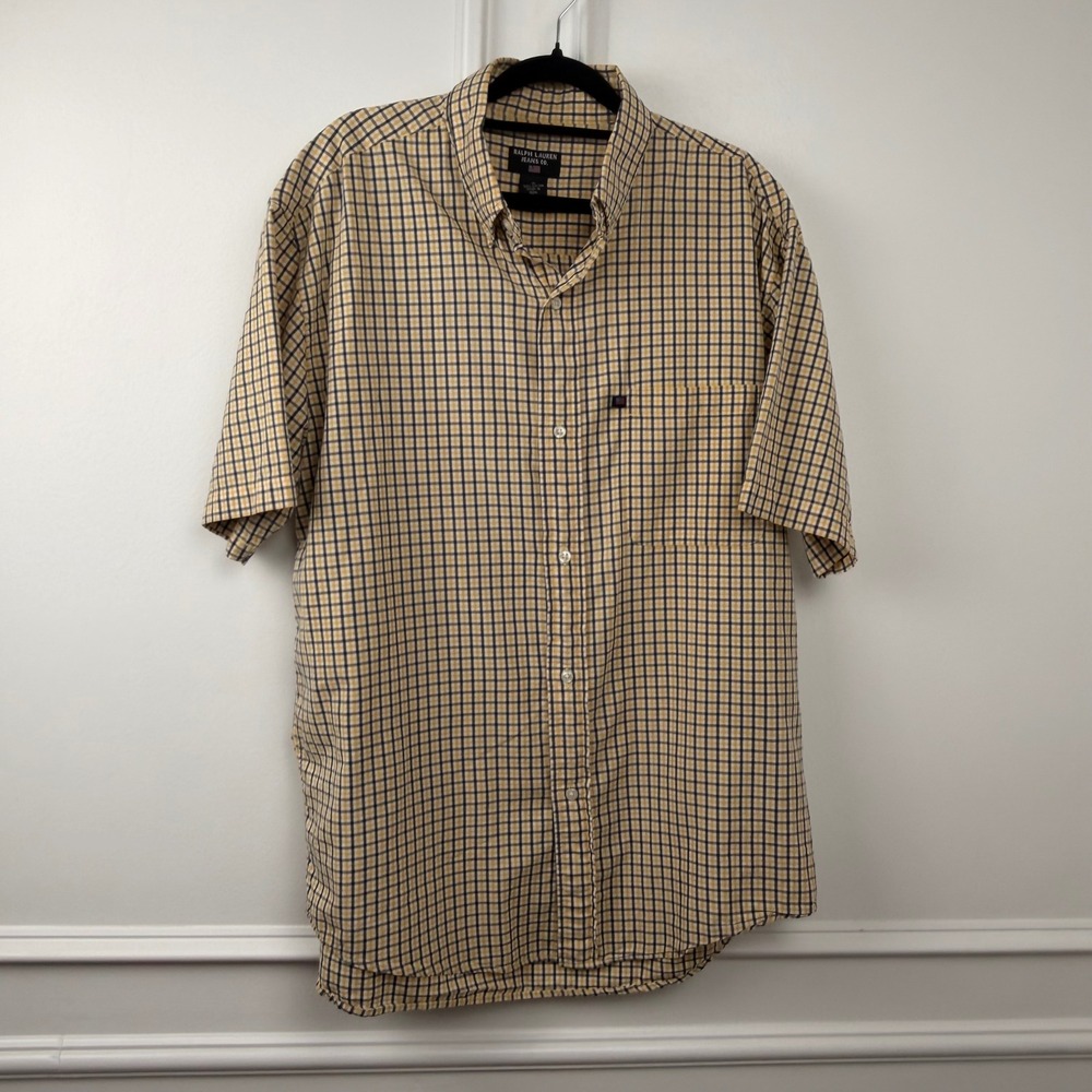 Ralph Lauren Jeans Co Mens Medium Yellow Navy Check Short Sleeve Button Down